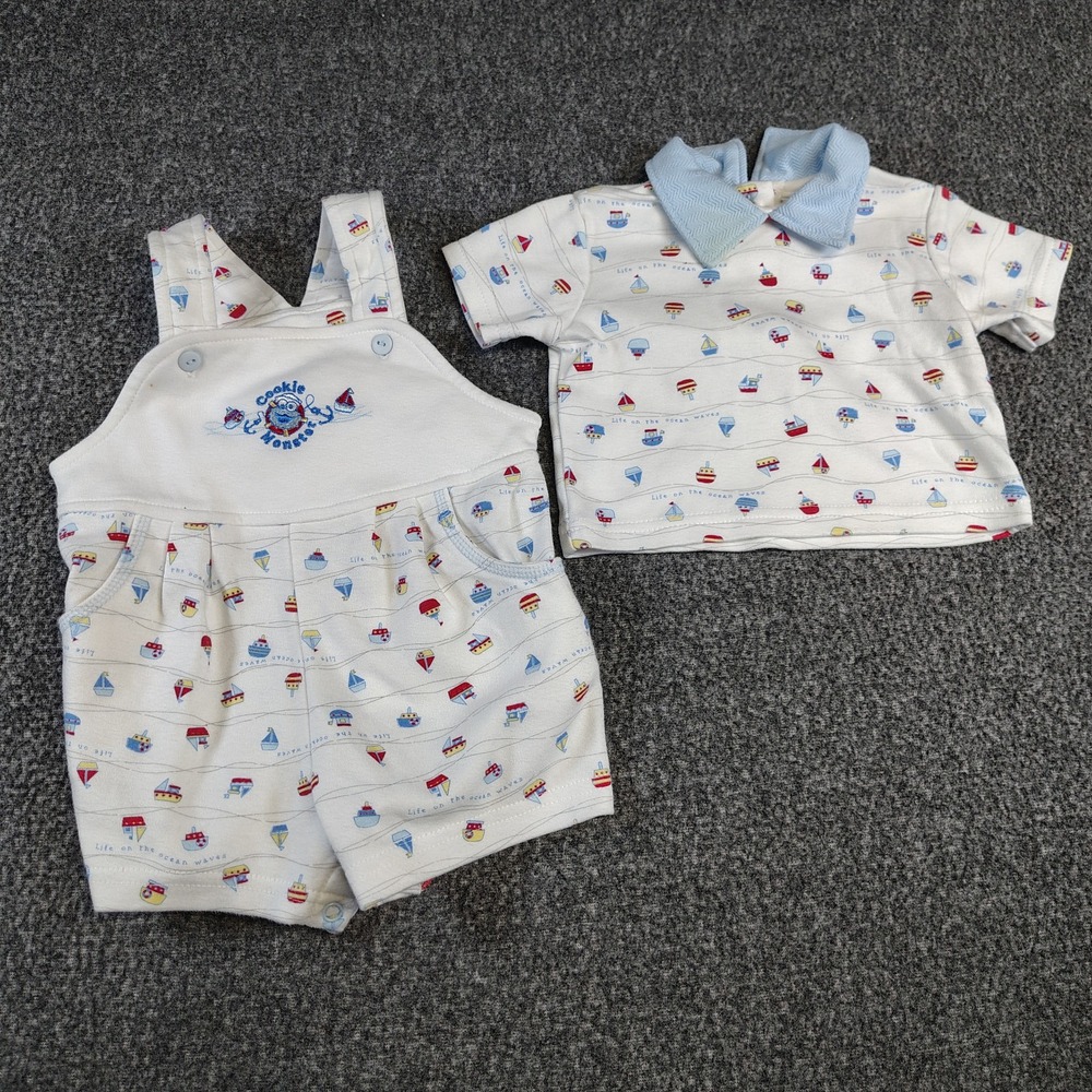 Vintage cookie monster overall set 3/6 months nautical sesame street